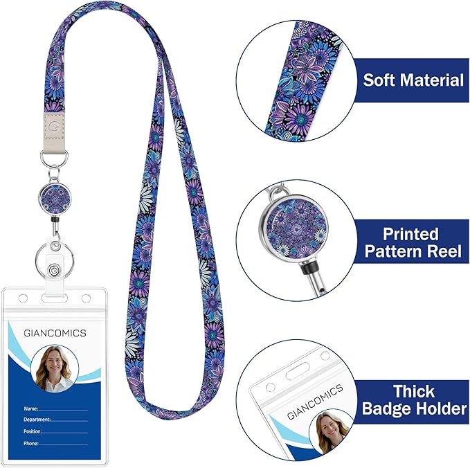 Giancomics Lanyards for Id Badges, Floral Lanyards with Retractable Reel, Waterproof ID Badge Holder for Cruise Ships Cards Key, Work Name Tag Zip Type Card Protector for Women 2 Pack