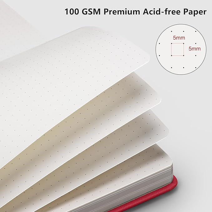 RETTACY Bullet Dotted Journal, A5 Dotted Notebook Journal with 192 Pages, 5.7'' × 8.3'', Medium Size, 100 GSM Thick Paper, Leather Hardcover, Bullet Journaling, Planning (Red)