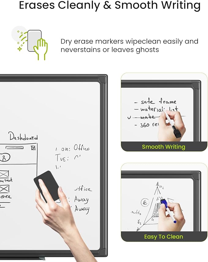 VUSIGN Black Aluminum Magnetic White Board 24" x 18" with Dry-Erase Eraser, Multicolor Markers, Magnetic Pins for Office, Home, School