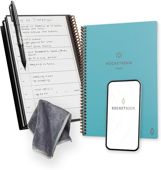 Rocketbook Fusion Reusable Undated Productivity Planner, Executive Size 6x8.8, Teal - Goals, Monthly and Weekly Calendar, Daily To-do List, Lined and Dotted Notes Pages