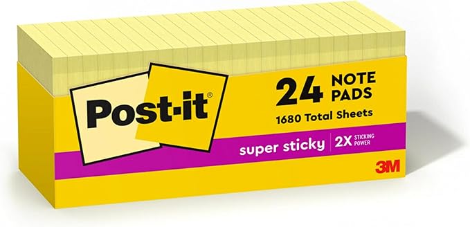 Post-it Super Sticky Notes, 24 Sticky Note Pads, 3 x 3 in., School Supplies, Office Products, Sticky Notes for Vertical Surfaces, Monitors, Walls and Windows, Canary Yellow