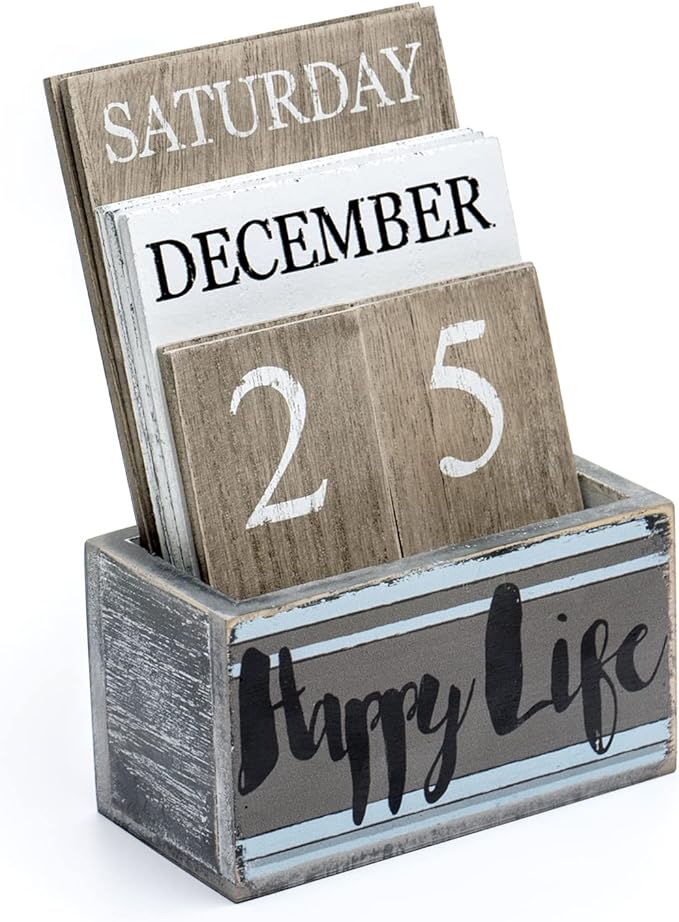 Notakia Perpetual Calendar Wooden Calendar Blocks Vintage Wood Block Calendar for Home Office Desk Accessories Week Month Date Display (Happy Life)