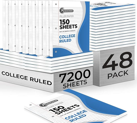 Bulk Loose Leaf Paper, 7200 Sheets, College Ruled Paper, Bulk Filler Paper for Office, 8 x 10.5", 3 Hole Punched, 56 Gsm Thick Paper, 48 Pack, 150 Sheets/Pack, Bulk Notebook Paper for School