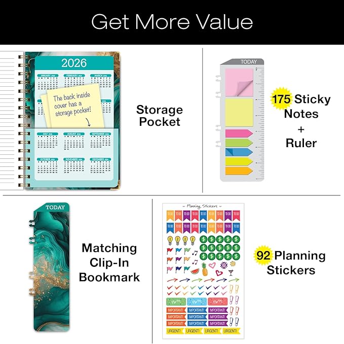 HARDCOVER 2025 Planner, 5.5"x8": 14 Months (November 2024 - December 2025), Daily Weekly Monthly Planner, Yearly Agenda, Bookmark, Pocket Folder and Sticky Note Set (Teal Gold Marble)