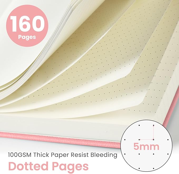 Bullet Dotted Journal Notebook for Women & Men, Hardcover Leather Journal for Writing, A5 Bullet Journaling Notebook for Work & Sketching, Perfect for Office School Home Supplies, 160 Pages, Pink