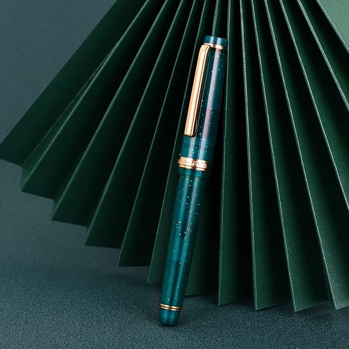 Jinhao 82 Acrylic Fountain Pen, Iridium Fine Nib with Ink Converter, Transparent Peacock Blue Fluorescent Classic Design Smooth Writing Pen (Gold Trim)