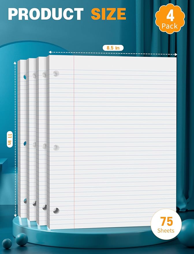 Loose Leaf Notebook Paper Wide Ruled Writing Paper, 300 Sheets Lined Paper 8.5'' x 11'', 4 Pack Writing Paper 3-Hole Punched Binder Paper, Notebook Paper for 3 Ring Binder, 75 Sheets/Pad Filler Paper