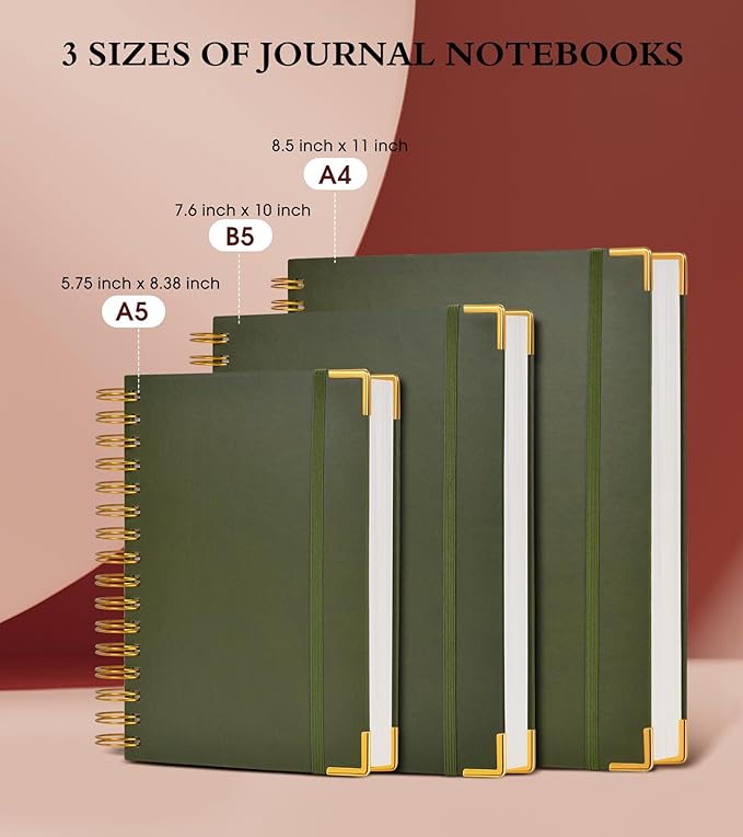 Spiral Notebook Journal 5.75” x 8.38”, 300 Pages Hardcover Leather Lined Journals for Women Men, A5 Small College Ruled Notebooks with 100 GSM Thick Paper, Spiral Journal for Writing Work, Olive Green