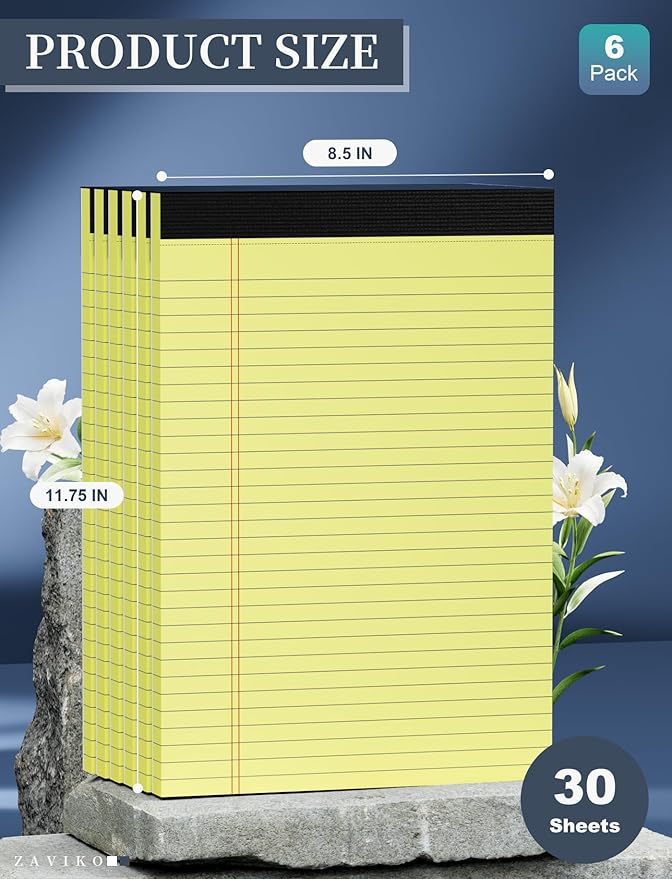 Yellow Legal Pads 8.5 x 11, 6 Pack, Wide Ruled, Yellow Note Pads 8.5 x 11, Writing Pads 8.5 x 11, Easy Tears Off, Double Sided, Cardboard Backing, Pads of Paper, 70 GSM Yellow Paper, 30 Sheets/Pad