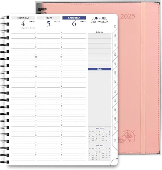 POPRUN 2025 Weekly Planner Spiral Bound with Monthly Tabs 8.5" x 11", Quarter-Hourly Appointment Book with PU Leather Soft Cover, Dual Pockets, Gift Box, Sunday Start - Soft Pink