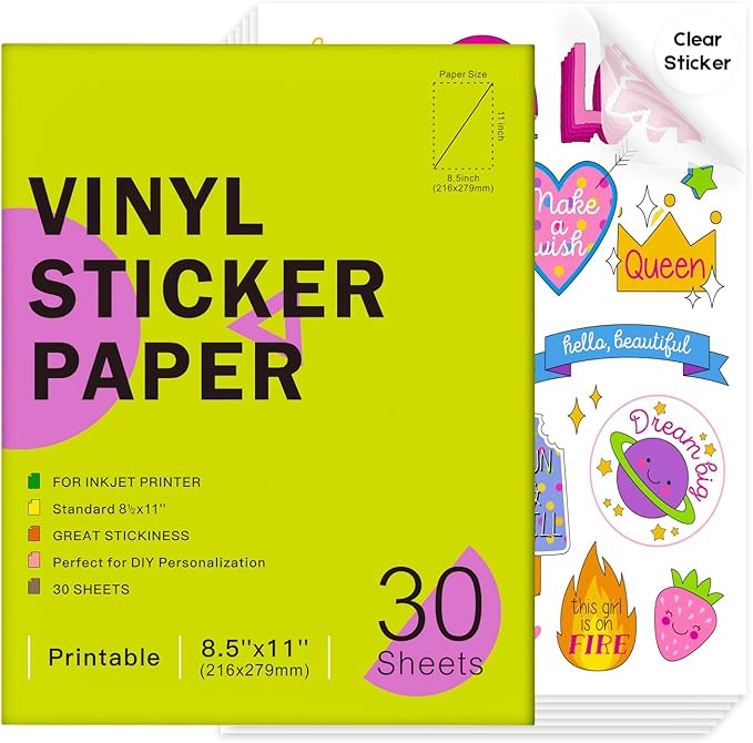 Premium Printable Clear Vinyl Sticker Paper for Inkjet Printers, 30 Sheets Transparent Paper of 8.5x11 "DIY Personalized Self-adhesive Paper That is Tear Resistant, Waterproof Labels,Easy to Cut