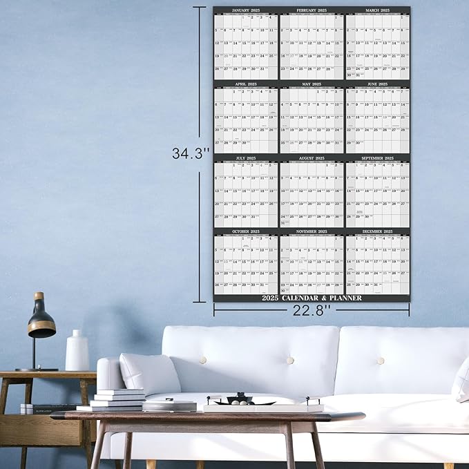 2025 Yearly Wall Calendar - Jan. 2025 - Dec. 2025, 34.3" x 22.8" (Open), Yearly Wall Calendar 2025 with Julian Date, Vertical Calendar with Premium Paper, Round & Planner Sticker, Gray