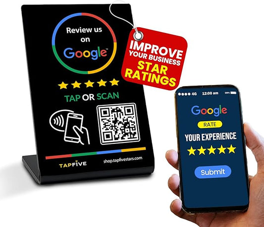 Tap Google Review Stand by TapFive - Tap for Instant Reviews - All Phones Compatible - Reusable Smart Tap NFC & QR - Boost Business Reviews - Zappy Fast - Powered by TapFive (Black, 1 Stand)