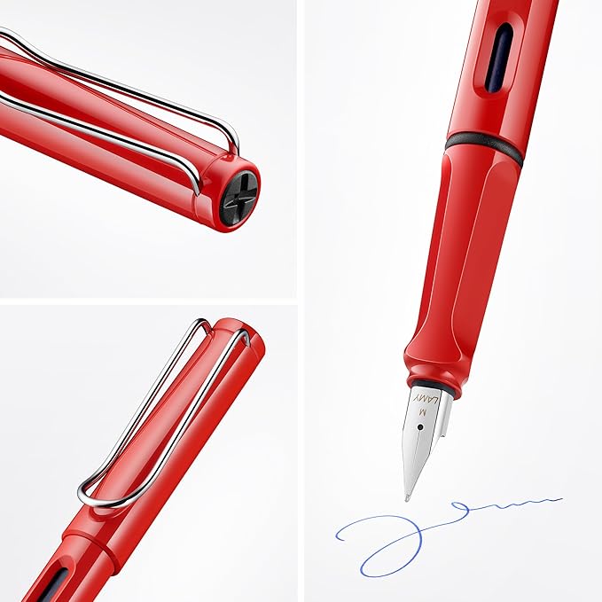 LAMY safari red - Fountain Pen with ergonomic grip & polished steel nib in size F - ideal for any Writing & Calligraphy - including LAMY T 10 blue cartridge - Right-Handed