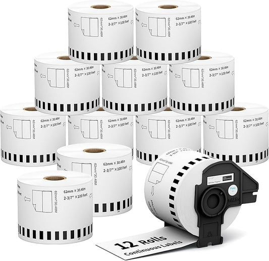 Tacnology 12 Rolls Continuous Labels Replacement Compatible with Brother DK-2205 (2.4" X 100 Ft.) Shipping Address Labels, Use with Brother QL Label Printer + 1 Frame