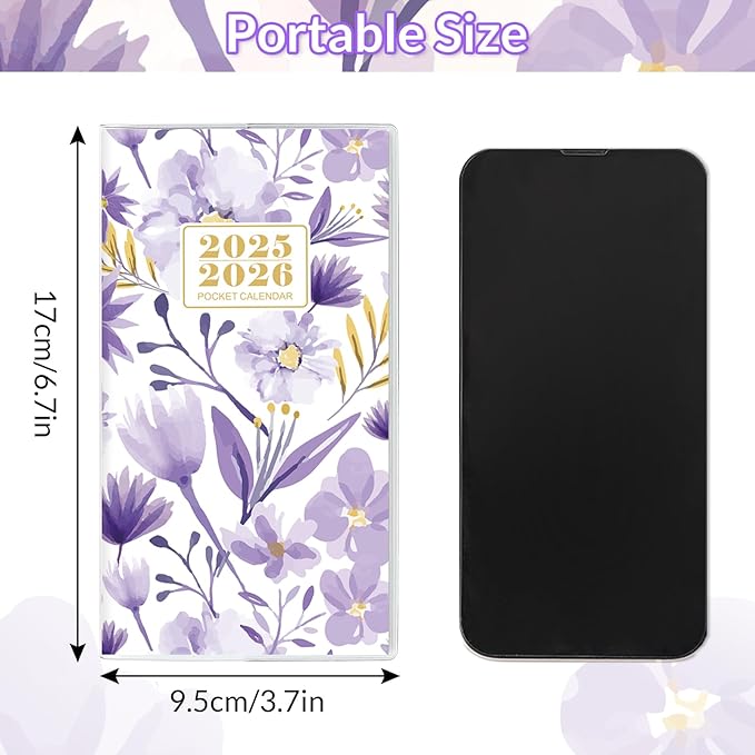 Pocket Calendar 2025-2026, Purple Monthly Planner 2025-2026 - 3.7" x 6.7" - Runs from January 2025 Until December 2026, Small Pocket Calendar 2025 with PVC Cover for Planning