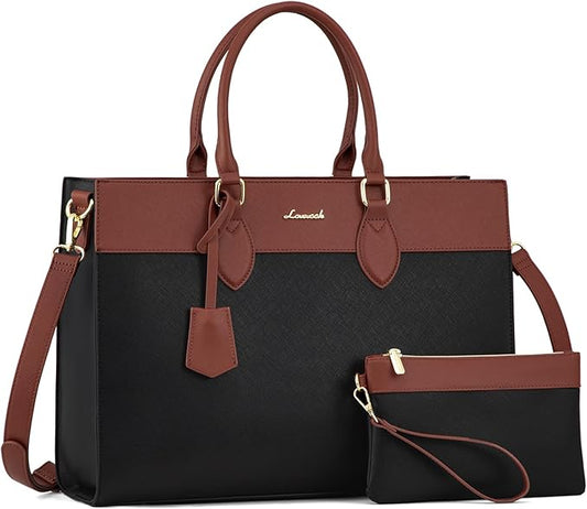 LOVEVOOK Laptop Bag for Women, 15.6 inch Leather Tote Bag Work Business Office Bag Waterproof Briefcase Computer Handbag Shoulder, Black-Brown