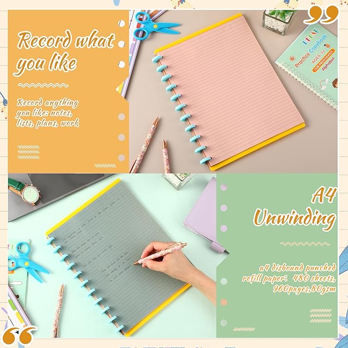 PerKoop 12 Pack 480 Sheets Colored Discbound Refill Paper 8.5 x 11 Inch College Ruled 11 Disc Letter Size Lined Paper Multicolored Refill Notebooks Disc Paper for Refill Paper Journaling (Retro Color)