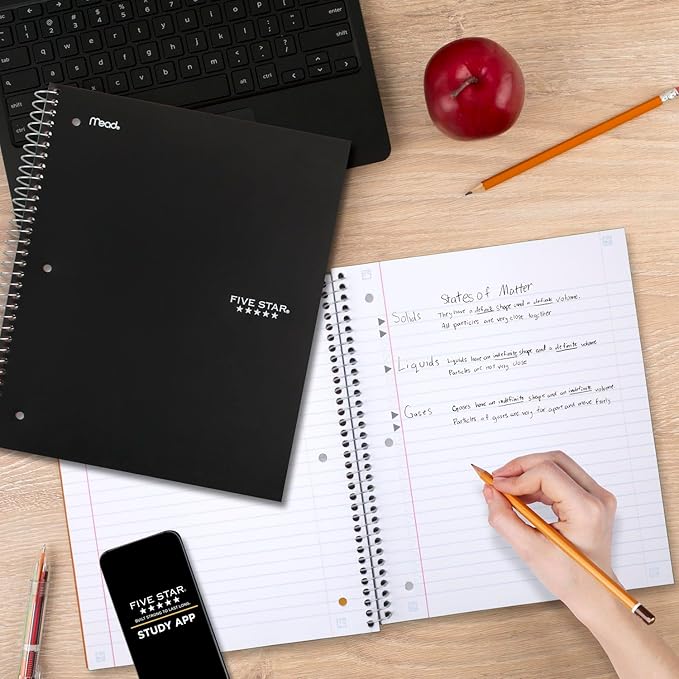 Five Star Spiral Notebook + Study App, 3 Subject, Wide Ruled Paper, 8" x 10-1/2", 150 Sheets, Black (73094)