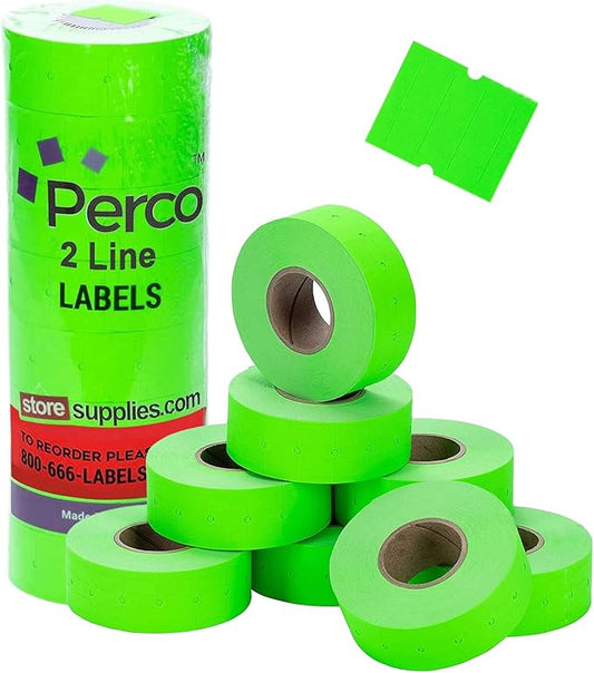 Perco 2 Line Fluorescent Green Labels - 8 Rolls, 1 Sleeve, 6,000 Blank Price and Date Gun Labels for Perco 2 Line Price and Date Guns - Made in USA