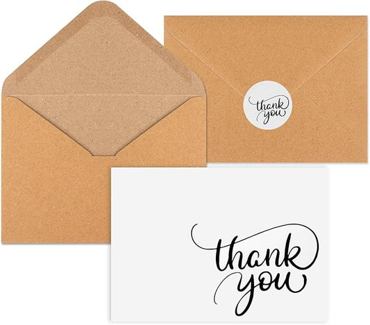 Joyberg 34 PCS Baby Shower Thank You Cards With Envelopes 3.5”x5”, Blank Dark White Thank You Notes With Envelopes Set, Brown Paper Envelopes and Stickers Wedding Thank You Cards With Envelopes