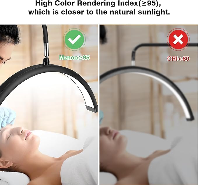 Lash Light for Eyelash Tech with Wheels, Half Moon Light for Lashes, Nails and Estheticians, LED Floor Lamp Adjustable Brightness and Color Modes (Black)