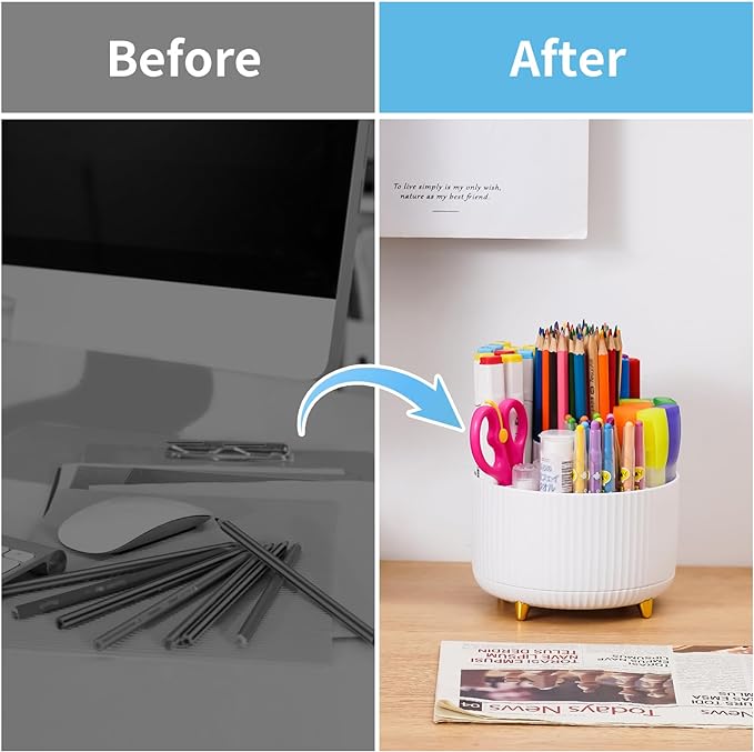 Marbrasse Desk Organizer, 360-Degree Rotating Pen Holder for Desk, Desk Organizers and Accessories with 5 Compartments Pencil Organizer, Art Supply Storage Box Caddy for Office, Home （White）