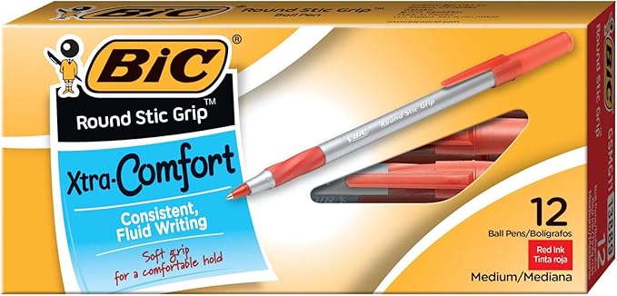 BIC Round Stic Grip Xtra Comfort Ballpoint Pen, Medium Point (1.2mm), Red, 12-Count
