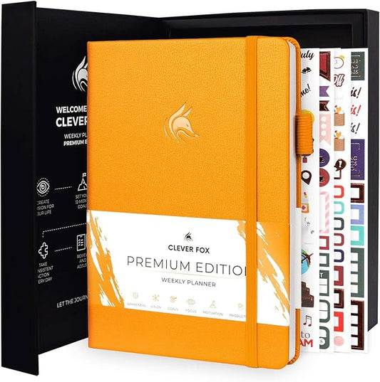 Clever Fox Planner Premium Edition – Undated Luxurious Weekly & Monthly Planner to Increase Productivity and Hit Your Goals – Organizer – Start Anytime, A5, Lasts 1 Year, Amber Yellow (Weekly)