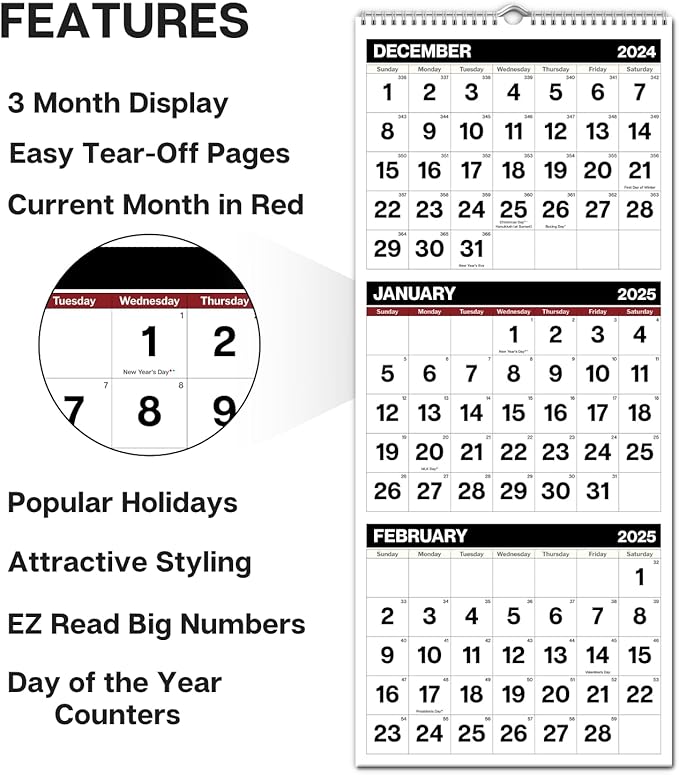 Dunwell Three Month View Calendar 2025 (Black), 11x26" Open, 3-Month Wall Calendar Vertical, Use to December 2025, 3 Panel, Ships Folded