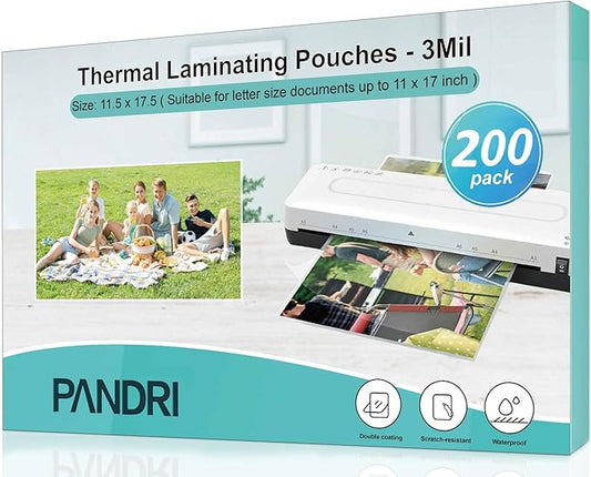 Laminating Sheets, PANDRI 200 Pack Thermal Laminating Pouches Holds 11 x 17 Inch, 3 Mil Plastic Laminator Paper 11.5 x 17.5 Inch, Clear Round Corner