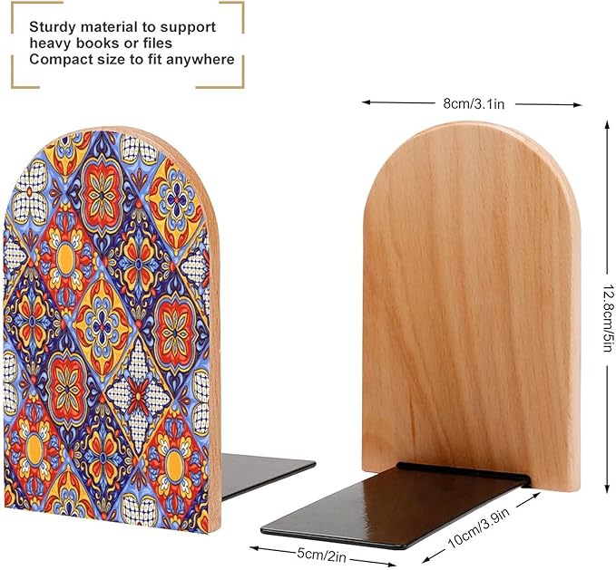 2 Pack Wood Bookends, Mexican Talavera Tile Mandala Non-Skid Book Ends for Heave Books, Decorative Bookends for Shelves Desk, Book Stoppers Book Holders for Home Office Library School