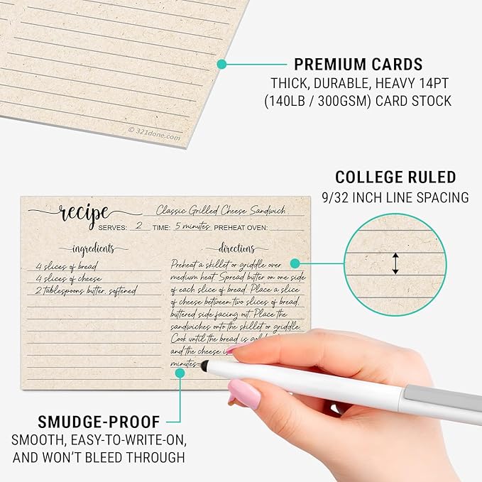 321Done Recipe Cards, Made in USA - 4x6 Tan, Simple Script, Double-Sided Thick Cardstock, Cute Vintage Rustic Kraft Look for Bridal Shower Wedding Housewarming Gift - Pack of 50