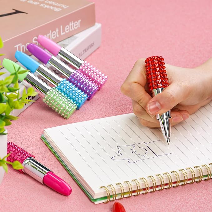 DomeStar 24PCS Lipstick Shape Pens, Creative Ballpoint Pens Rhinestone Crystal Ballpoint Pen Lipstick Cute Ball Pen for Office Stationery Women Girls Students Children Gift