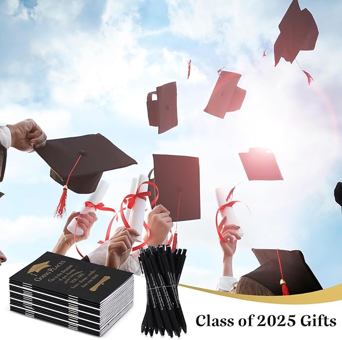 Kosiz 60 Pcs Graduation Gifts Motivational Mini Journal Inspirational Bamboo Pen Kraft Notebooks Bulk Wooden Retractable Ballpoint Pen for Class of 2025 College Gifts (Black)