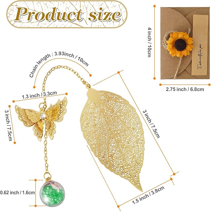 Golden Leaf Metal 3D Bookmark with Bonus Handmade Greeting Card, Butterfly & Sunflower Craft Gift Card Envelope, Gift for Book Lovers, Family, Friends, Teacher & Kids Chongzhen