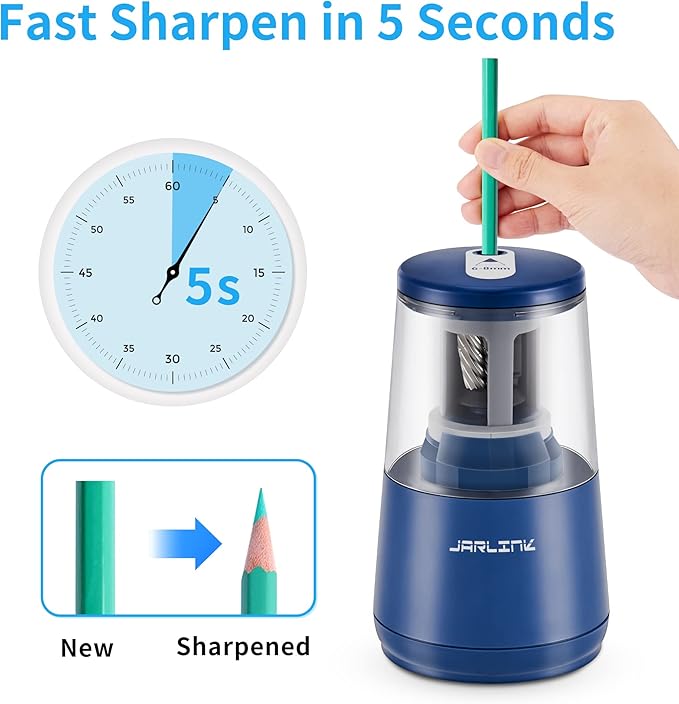 JARLINK Electric Pencil Sharpener, Heavy-Duty Helical Blade to Fast Sharpen, Auto Stop for No.2/Colored Pencils(6-8mm), USB/Battery Operated in School Classroom/Office/Home (Blue)