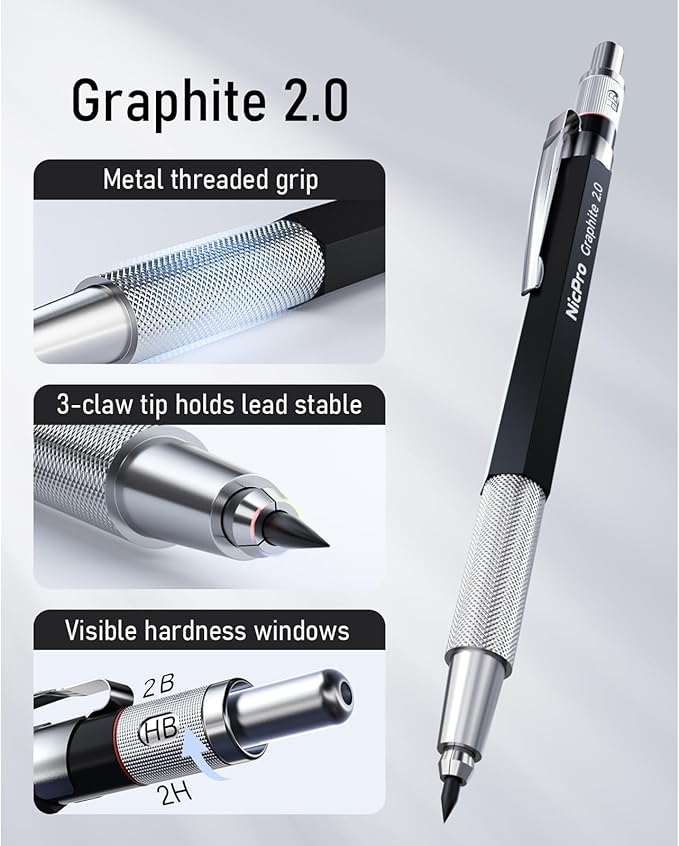 Nicpro 2.0 mm Mechanical Pencil Set, Artist Metal Lead Holder Metal Marker Carpenter pencils with 60 Graphite Lead Refill HB, 2H, 4H, 2B, 4B, Eraser, Sharpener for Draft Drawing, Writing Art Sketching