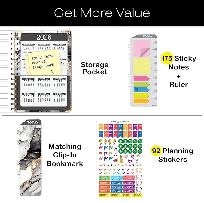 HARDCOVER 2025 Planner, 5.5"x8": 14 Months (November 2024 - December 2025), Daily Weekly Monthly Planner, Yearly Agenda, Bookmark, Pocket Folder and Sticky Note Set (Black Gold Marble)