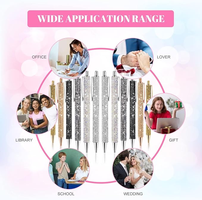 12Pcs Rhinestone Pens Bling Metal Ballpoint Diamond Pens Bulk Fancy Sparkly Crystal Press Retractable Black Ink 0.7mm For Women Office Meeting Birthday Supplies Wedding Gifts(6colors)