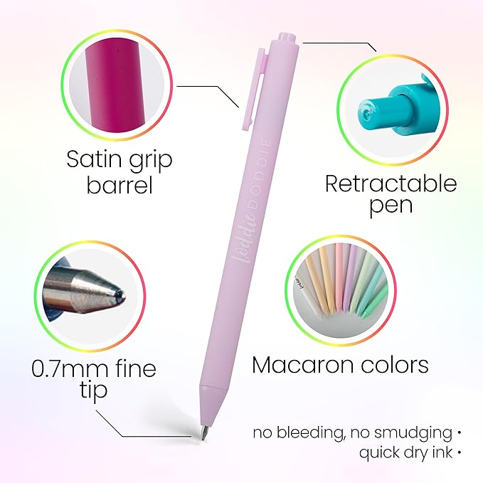 Loddie Doddie Macaron Color Pens for Journaling & Note Taking - 8 Pack 0.7 mm Medium Point Smooth Retractable Pens, No Bleed & Smudge - Pastel Colored