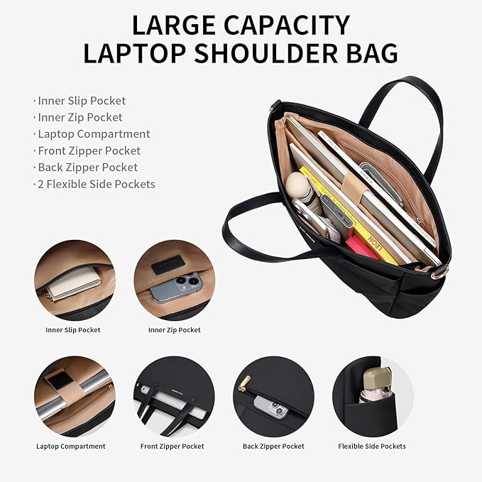 Laptop Shoulder Bag 14 Inch, Computer Shoulder Bag Large Work Tote Bag for Women, Laptop Carrying Case Stylish Handbag for Business Travel (Black)