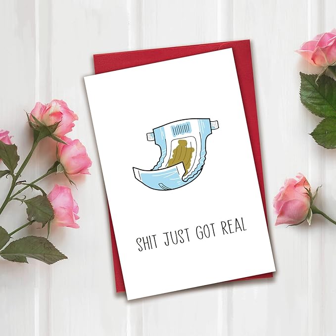 Funny Baby Shower Card, Shit It Just Cot Real, New Baby Congratulations Card for New Mom Dad Parents, Humor Baby Shower Gifts for Friend Sister