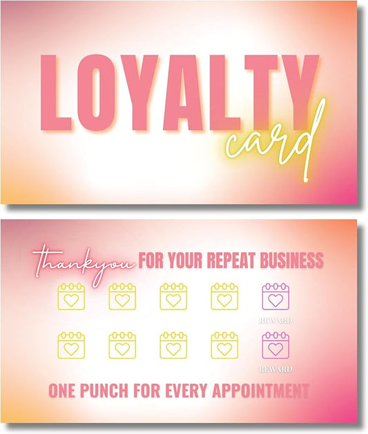Beauty Business Loyalty Card, 10-Punch Reward System, Business Card size, 55 cards, full color high gloss front and back, UV coated, Modern design, create your own reward (Yellow and Coral)