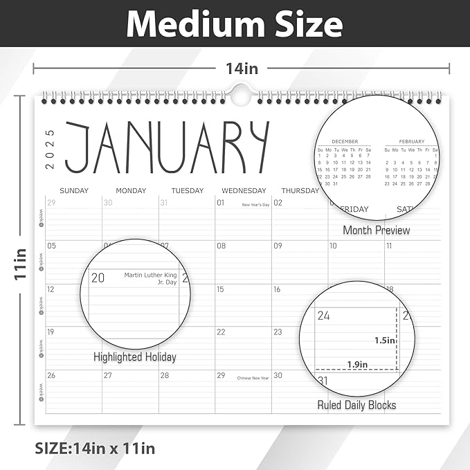 GuassLee Wall Calendar 2025, 2025 Calendar Wall from Jan. 2025 to Dec. 2025, 14" X 11" Paper Monthly Planner Wall Hanging Calendar with Thick Paper for Office Home Planning & Organizing