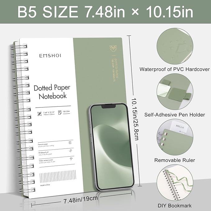 EMSHOI Spiral Notebook B5 Bullet Dotted Journal, Dotted Grid Notebook with 300 Pages, 100gsm Thick Paper, 7.48" × 10.15", Waterproof Softcover Notebook for School Work Writing - Light Green