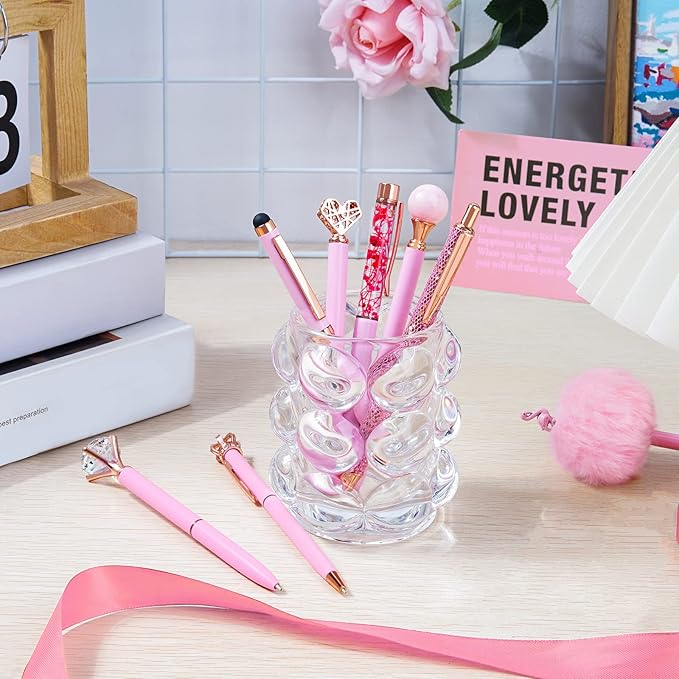 WEMATE 8Pcs Ballpoint Pens Set Metal Crystal Diamond Glitter for Journaling Pink Pen Bling in Black & Blue Ink Pretty Cute Fancy Gifts for Women Wedding School Office Desk(Pink)
