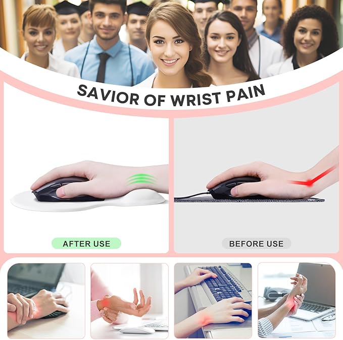 JIKIOU Mouse Pad, 2 Pack Ergonomic Mouse Pads with Comfortable Gel Wrist Rest Support and Lycra Cloth, Non-Slip PU Base for Easy Typing Pain Relief Durable and Easy to Clean Small White