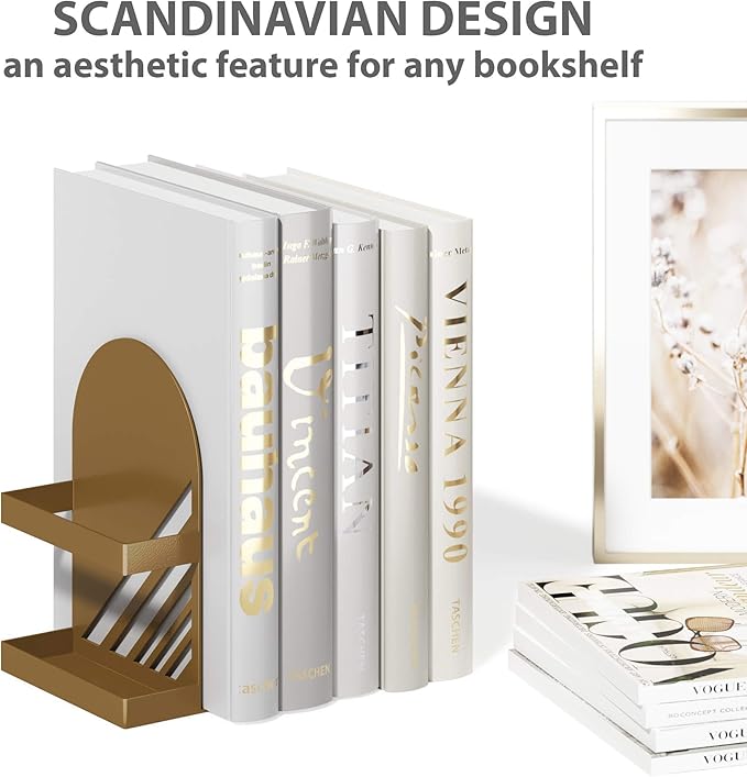 Iron Arch Modern and Decorative Bookends for Heavy Books, 200% Stronger & Heavier Than The Average Bookends, Large Bookends with Matching Bonus Storage Cup (Sahara Gold)