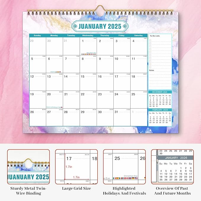2025 Wall Calendar 15"x12" Large Hanging Calendar Planner 2025-2026 Yearly 18 Monthly January 2025 - June 2026 Thick Paper Spiral Bind Big Desk Calendar Organizing Home Office School Colorful
